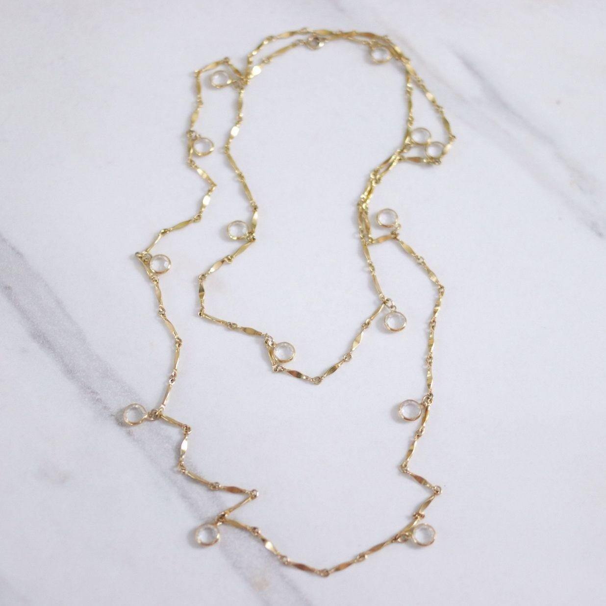 Vintage Flat Gold Link and Bezel Set Crystal Necklace by Unsigned Beauty - Vintage Meet Modern Vintage Jewelry - Chicago, Illinois - #oldhollywoodglamour #vintagemeetmodern #designervintage #jewelrybox #antiquejewelry #vintagejewelry