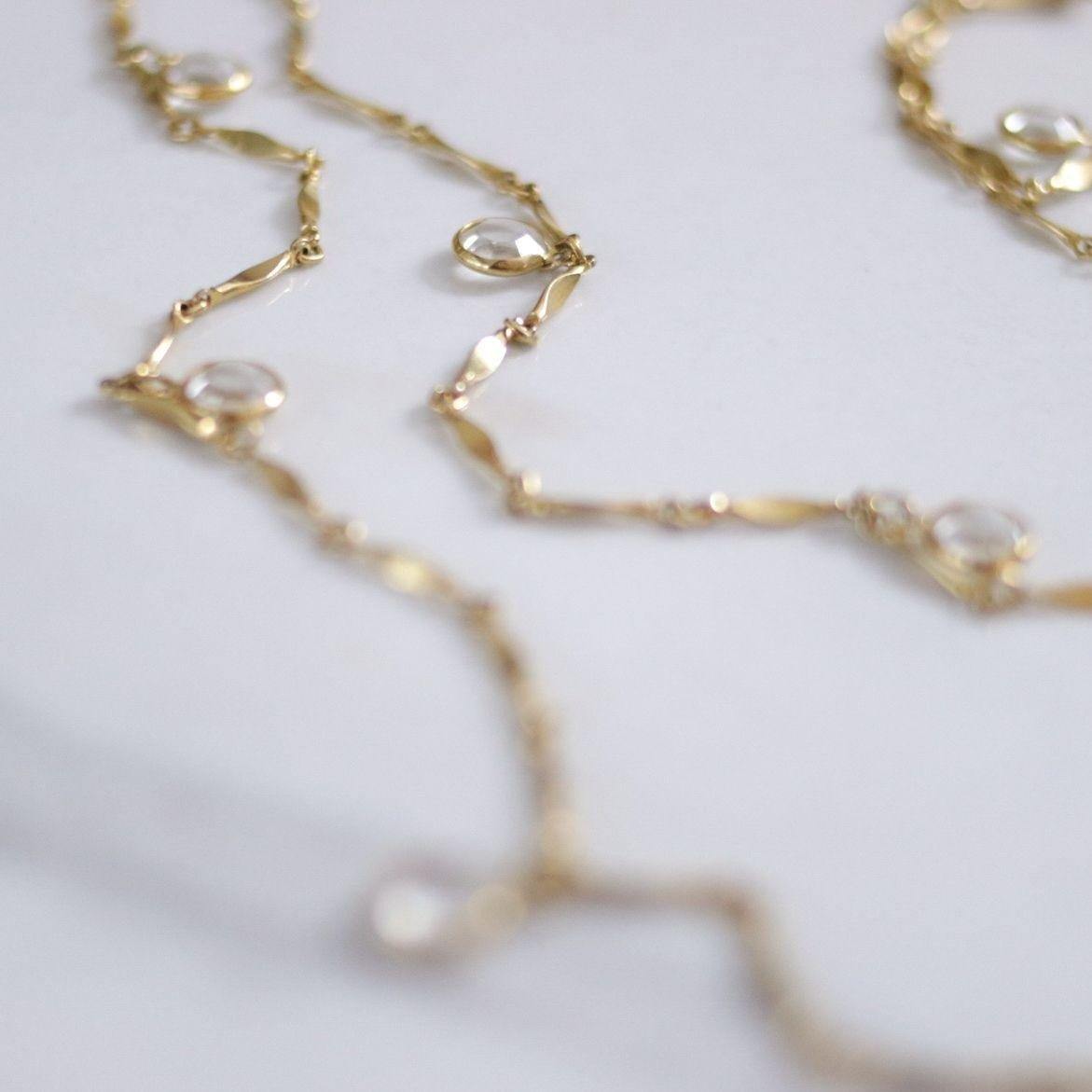 Vintage Flat Gold Link and Bezel Set Crystal Necklace by Unsigned Beauty - Vintage Meet Modern Vintage Jewelry - Chicago, Illinois - #oldhollywoodglamour #vintagemeetmodern #designervintage #jewelrybox #antiquejewelry #vintagejewelry