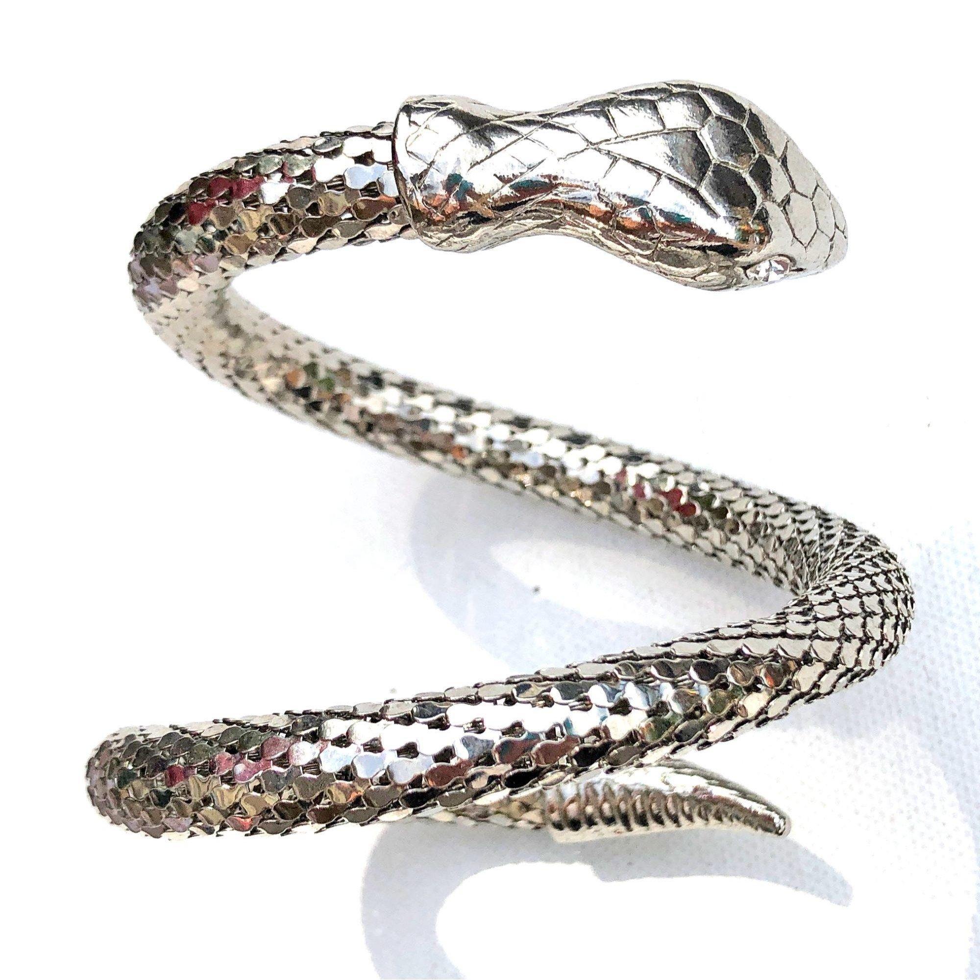 Vintage Unsigned Whiting and Davis Silver Snake Mesh Coil Bracelet by Whiting and Davis - Vintage Meet Modern Vintage Jewelry - Chicago, Illinois - #oldhollywoodglamour #vintagemeetmodern #designervintage #jewelrybox #antiquejewelry #vintagejewelry