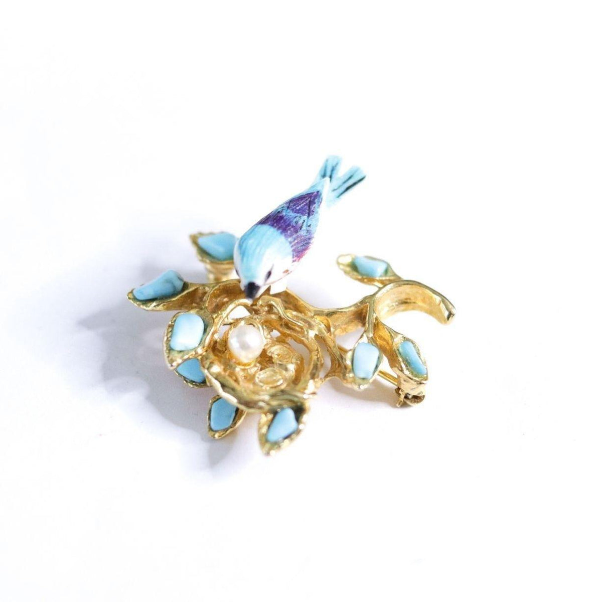 Vintage Blue Bird in Nest Brooch with Faux Pearl and Turquoise