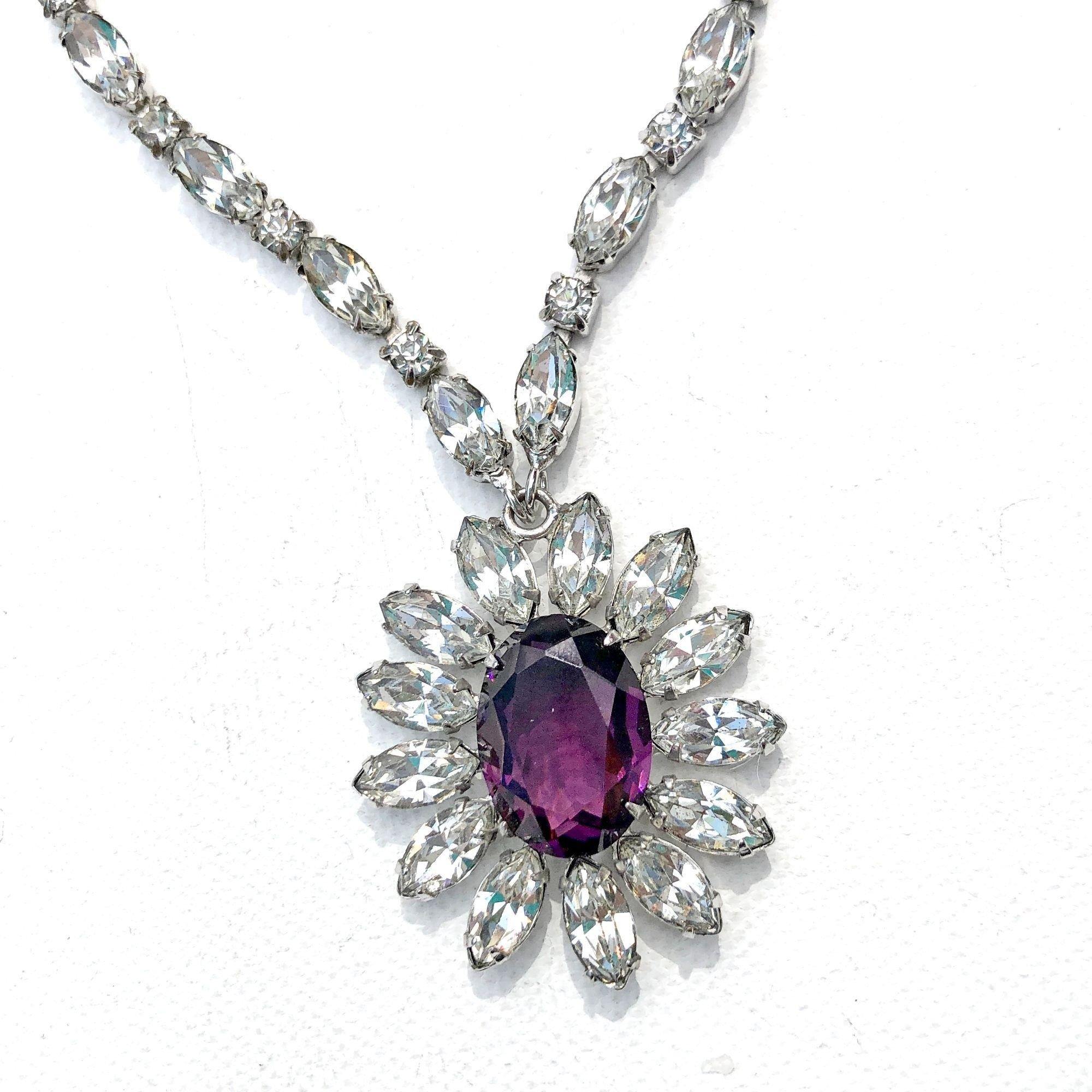 Vintage Purple and Diamante Rhinestone Necklace by Unsigned Beauty - Vintage Meet Modern Vintage Jewelry - Chicago, Illinois - #oldhollywoodglamour #vintagemeetmodern #designervintage #jewelrybox #antiquejewelry #vintagejewelry