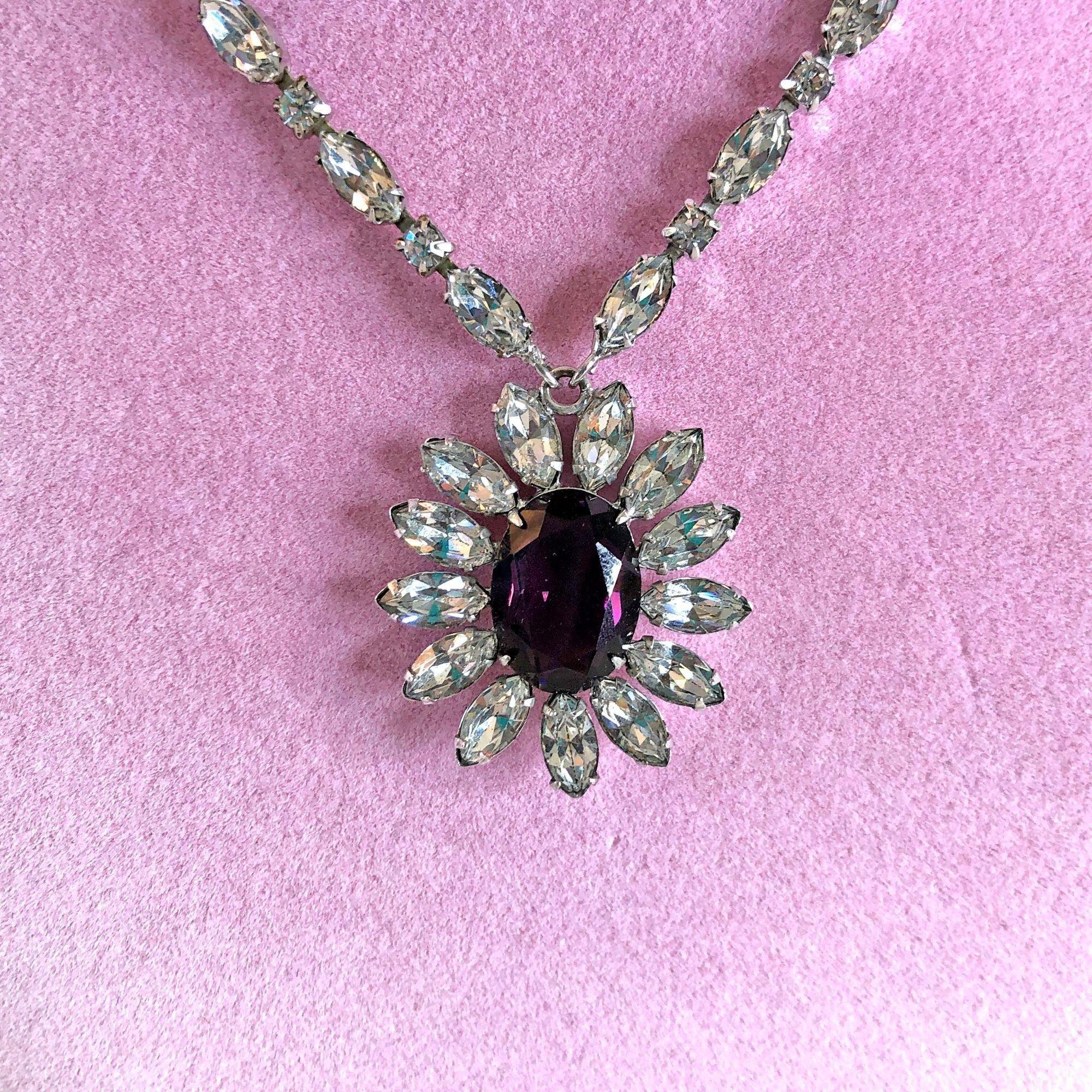 Vintage Purple and Diamante Rhinestone Necklace by Unsigned Beauty - Vintage Meet Modern Vintage Jewelry - Chicago, Illinois - #oldhollywoodglamour #vintagemeetmodern #designervintage #jewelrybox #antiquejewelry #vintagejewelry