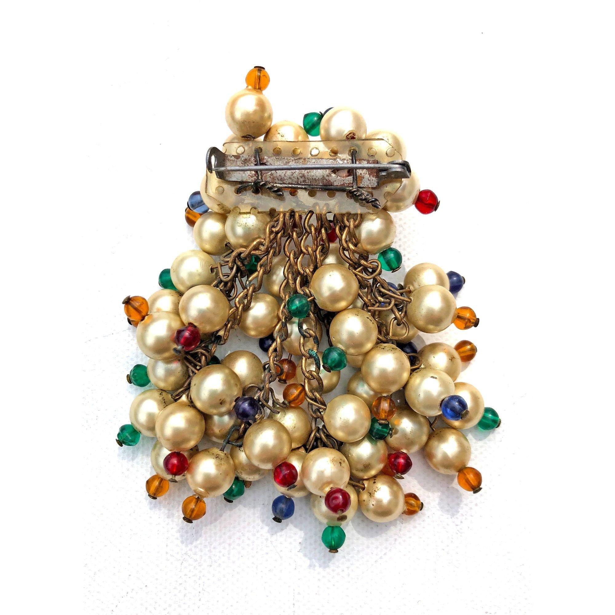 Vintage 1940s Dangling Cha-Cha Style Champagne Pearl and Red, Blue, Green, Yellow Brooch by Unsigned Beauty - Vintage Meet Modern Vintage Jewelry - Chicago, Illinois - #oldhollywoodglamour #vintagemeetmodern #designervintage #jewelrybox #antiquejewelry #vintagejewelry