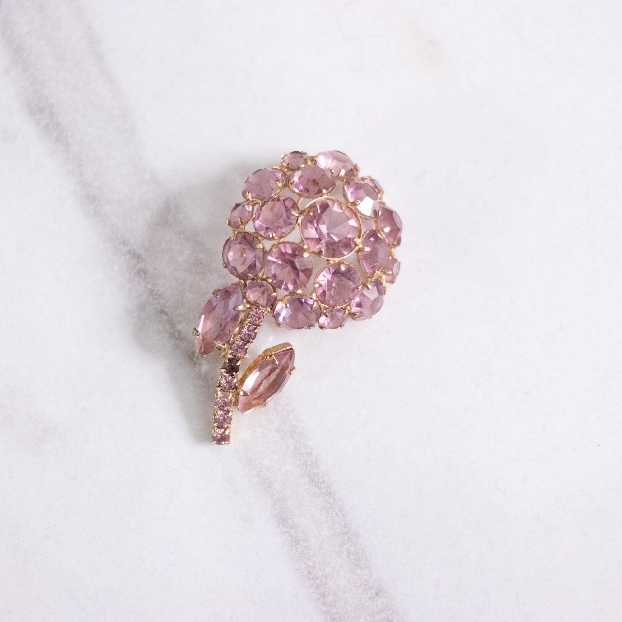 Vintage Pink Bezel Set Crystal Flower Brooch by Unsigned Beauty - Vintage Meet Modern Vintage Jewelry - Chicago, Illinois - #oldhollywoodglamour #vintagemeetmodern #designervintage #jewelrybox #antiquejewelry #vintagejewelry