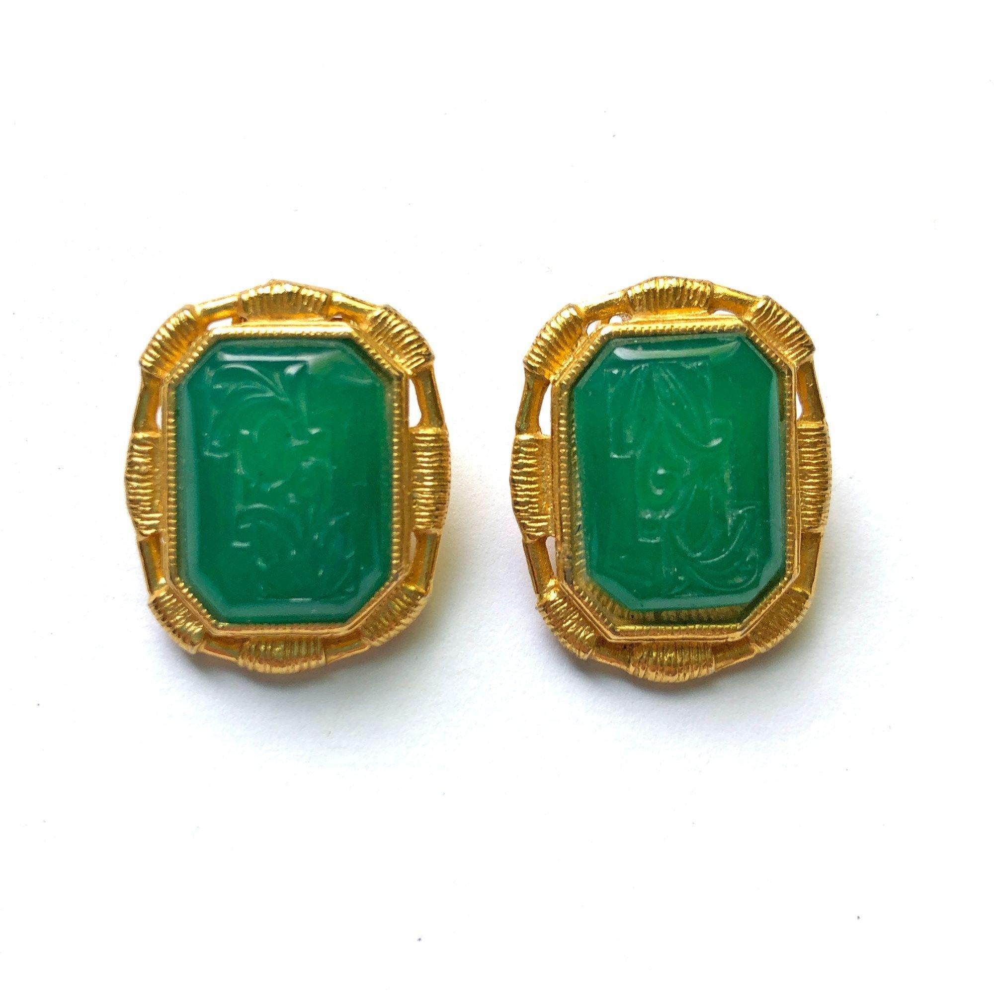 Vintage Etruscan Revival Jade Green Itaglio Style Statement Earrings by Unsigned Beauty - Vintage Meet Modern Vintage Jewelry - Chicago, Illinois - #oldhollywoodglamour #vintagemeetmodern #designervintage #jewelrybox #antiquejewelry #vintagejewelry