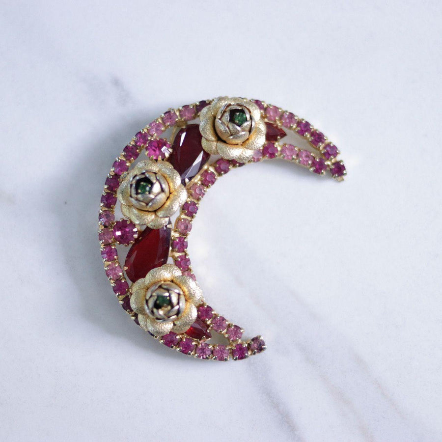 Vintage Red Rhinestone and Roses Crescent Brooch by Unsigned Beauty - Vintage Meet Modern Vintage Jewelry - Chicago, Illinois - #oldhollywoodglamour #vintagemeetmodern #designervintage #jewelrybox #antiquejewelry #vintagejewelry