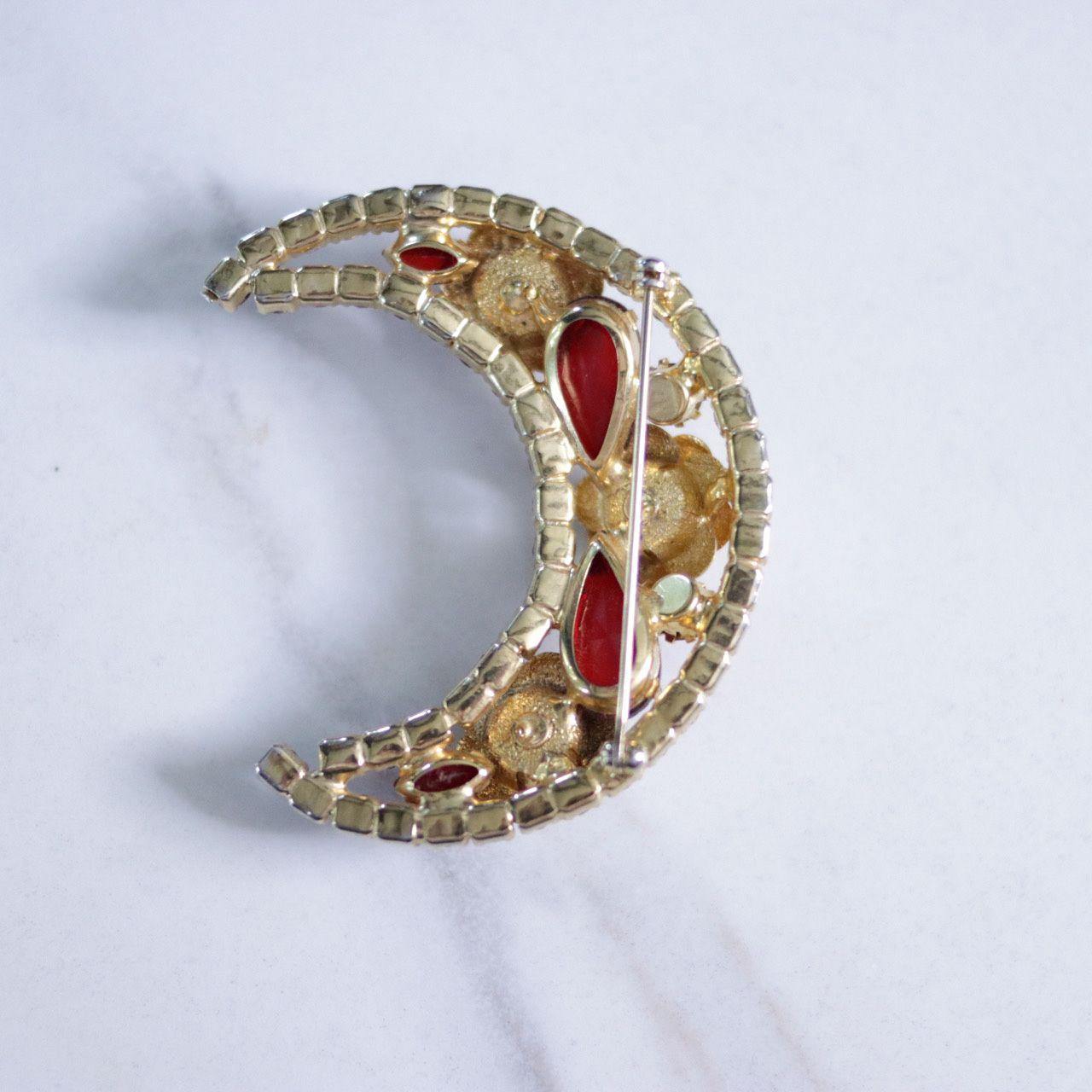 Vintage Red Rhinestone and Roses Crescent Brooch by Unsigned Beauty - Vintage Meet Modern Vintage Jewelry - Chicago, Illinois - #oldhollywoodglamour #vintagemeetmodern #designervintage #jewelrybox #antiquejewelry #vintagejewelry
