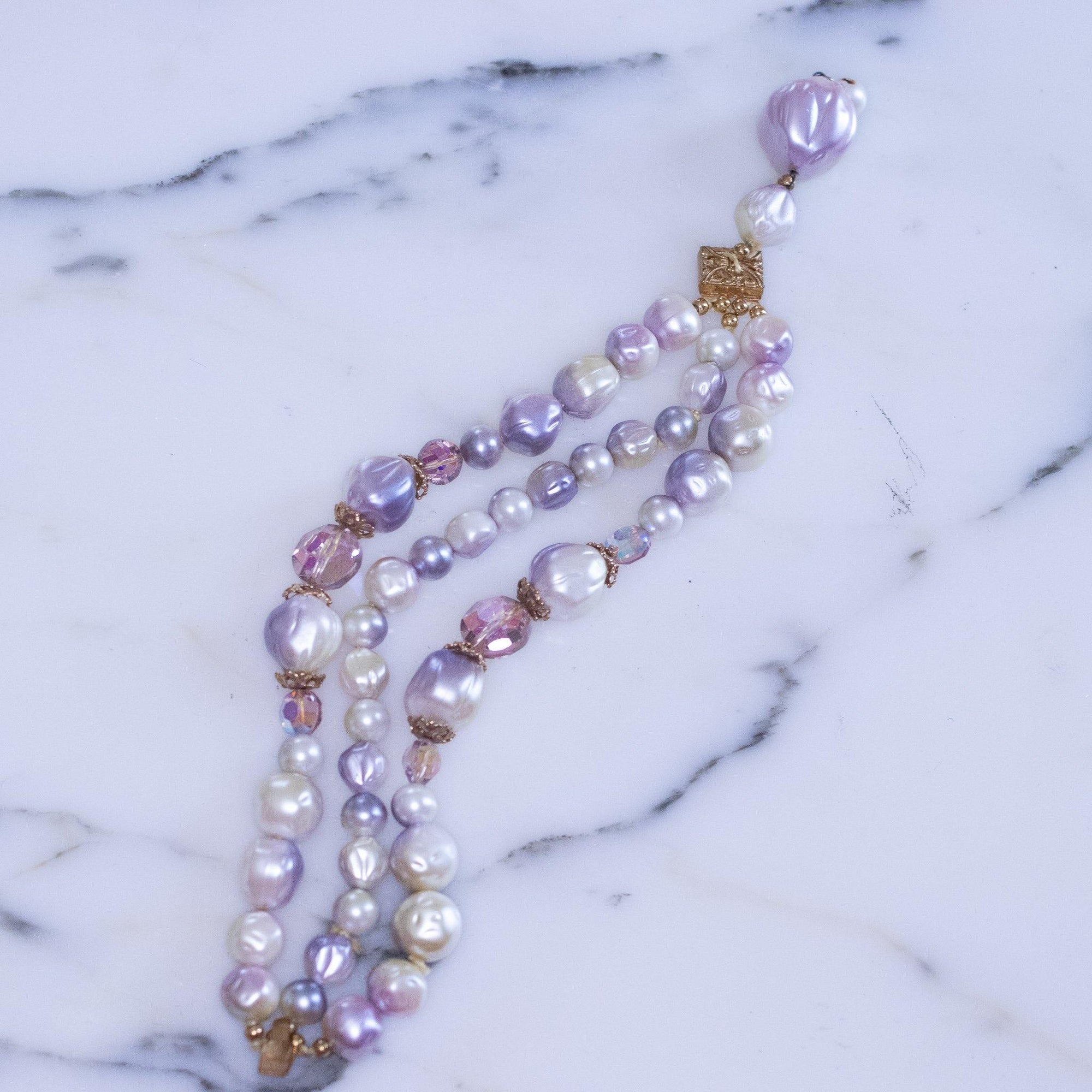 Vintage Amethyst Faux Pearl and Crystal Bead Triple Strand  Bracelet by Unsigned Beauty - Vintage Meet Modern Vintage Jewelry - Chicago, Illinois - #oldhollywoodglamour #vintagemeetmodern #designervintage #jewelrybox #antiquejewelry #vintagejewelry