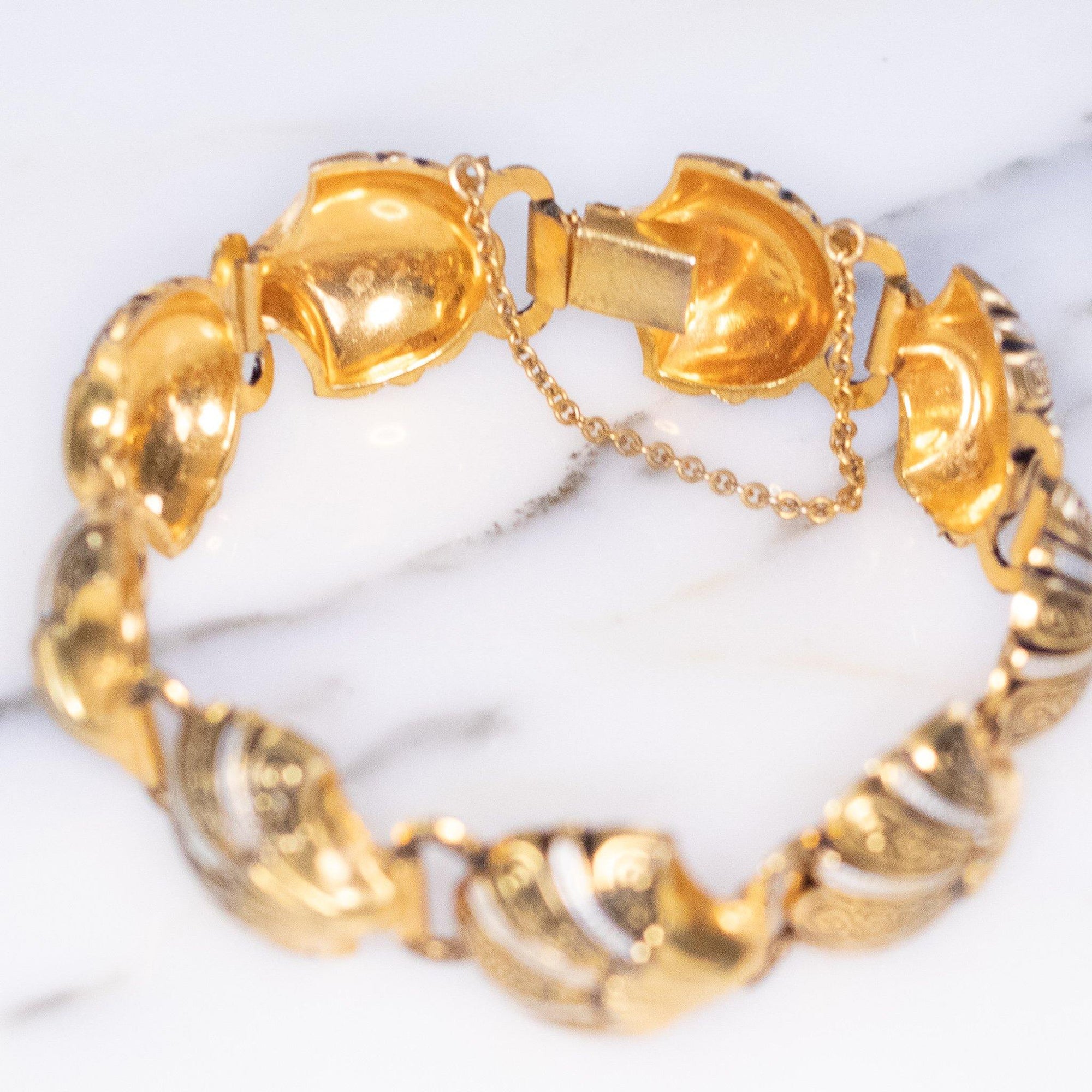 Vintage Damascene Gold, Silver, Black Shell Shape Link Bracelet by Made In Spain - Vintage Meet Modern Vintage Jewelry - Chicago, Illinois - #oldhollywoodglamour #vintagemeetmodern #designervintage #jewelrybox #antiquejewelry #vintagejewelry