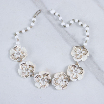 Vintage White Pansy Flower with Rhinestones Choker Statement Necklace by Unsigned Beauty - Vintage Meet Modern Vintage Jewelry - Chicago, Illinois - #oldhollywoodglamour #vintagemeetmodern #designervintage #jewelrybox #antiquejewelry #vintagejewelry