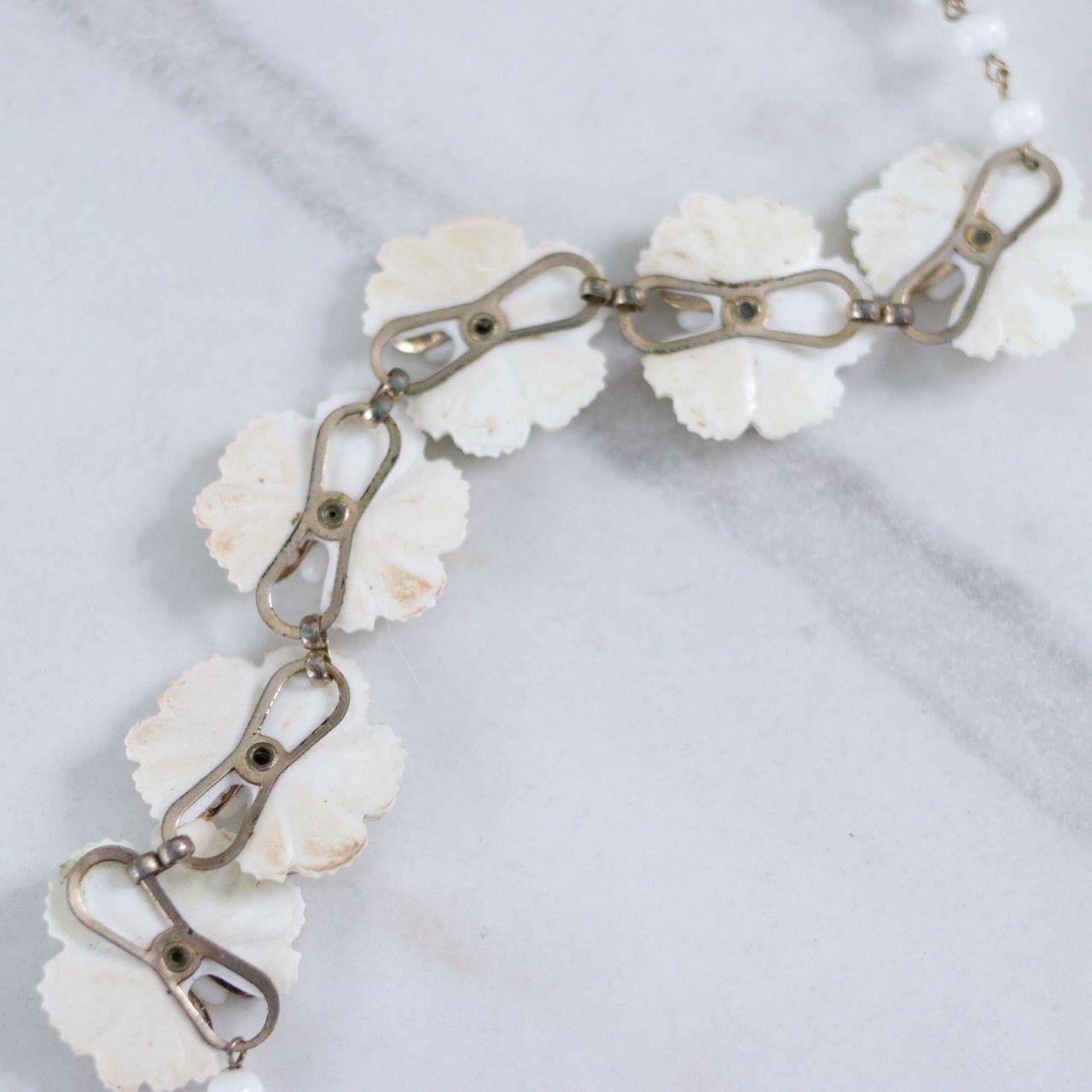Vintage White Pansy Flower with Rhinestones Choker Statement Necklace by Unsigned Beauty - Vintage Meet Modern Vintage Jewelry - Chicago, Illinois - #oldhollywoodglamour #vintagemeetmodern #designervintage #jewelrybox #antiquejewelry #vintagejewelry