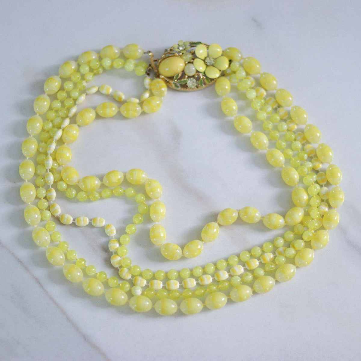 Vintage Yellow Triple Strand with Floral Clasp Necklace