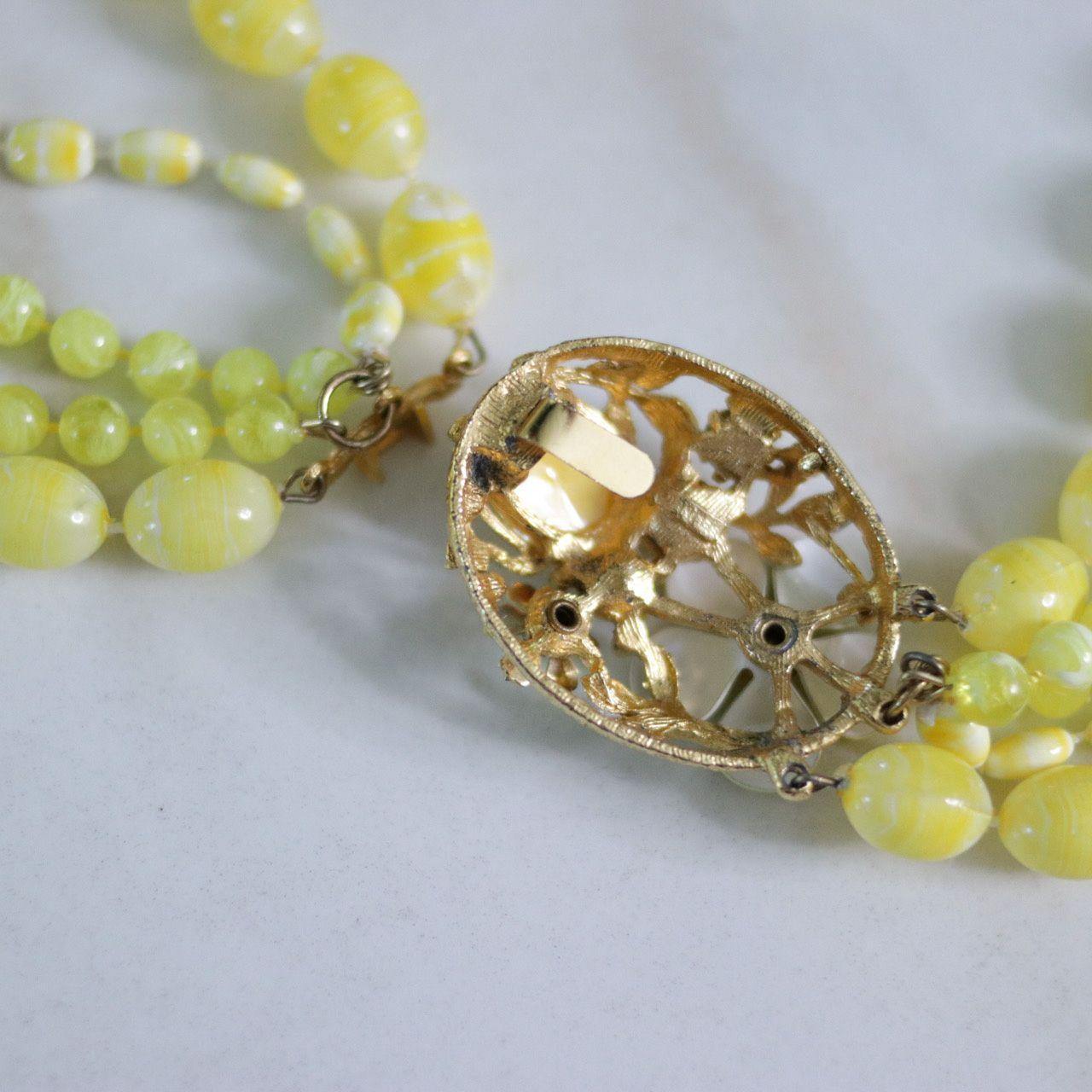 Vintage Yellow Triple Strand with Floral Clasp Necklace by Unsigned Designer - Vintage Meet Modern Vintage Jewelry - Chicago, Illinois - #oldhollywoodglamour #vintagemeetmodern #designervintage #jewelrybox #antiquejewelry #vintagejewelry