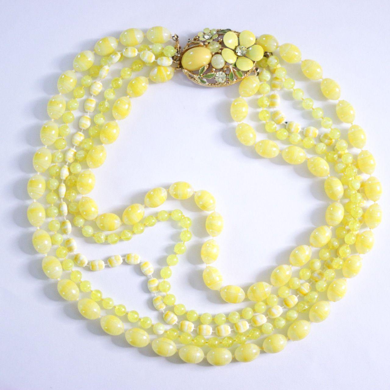 Vintage Yellow Triple Strand with Floral Clasp Necklace by Unsigned Designer - Vintage Meet Modern Vintage Jewelry - Chicago, Illinois - #oldhollywoodglamour #vintagemeetmodern #designervintage #jewelrybox #antiquejewelry #vintagejewelry