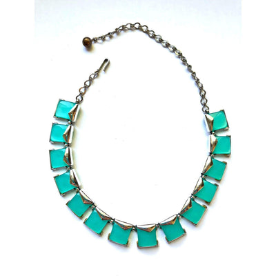 Vintage Aqua Thermoset Square Link Necklace by Vintage Meet Modern - Vintage Meet Modern Vintage Jewelry - Chicago, Illinois - #oldhollywoodglamour #vintagemeetmodern #designervintage #jewelrybox #antiquejewelry #vintagejewelry