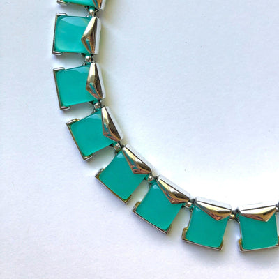 Vintage Aqua Thermoset Square Link Necklace by Vintage Meet Modern - Vintage Meet Modern Vintage Jewelry - Chicago, Illinois - #oldhollywoodglamour #vintagemeetmodern #designervintage #jewelrybox #antiquejewelry #vintagejewelry
