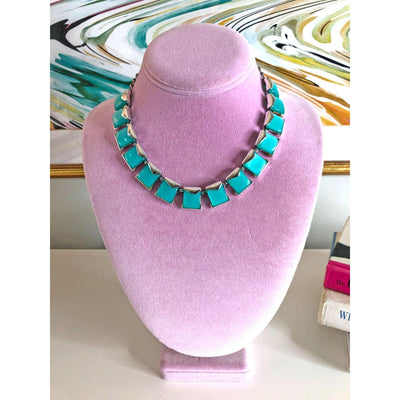 Vintage Aqua Thermoset Square Link Necklace by Vintage Meet Modern - Vintage Meet Modern Vintage Jewelry - Chicago, Illinois - #oldhollywoodglamour #vintagemeetmodern #designervintage #jewelrybox #antiquejewelry #vintagejewelry
