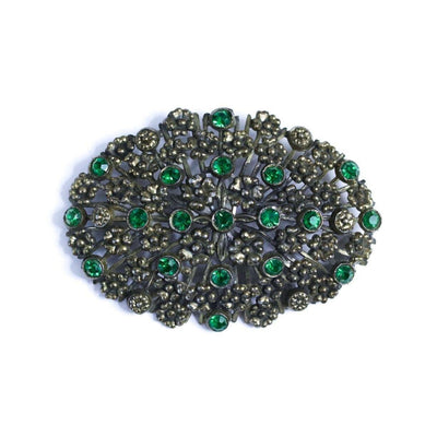 Vintage Large Green Brass Pot Metal Brooch with Embossed Floral Design and Green Rhinestone Accents by Unsigned Beauty - Vintage Meet Modern Vintage Jewelry - Chicago, Illinois - #oldhollywoodglamour #vintagemeetmodern #designervintage #jewelrybox #antiquejewelry #vintagejewelry