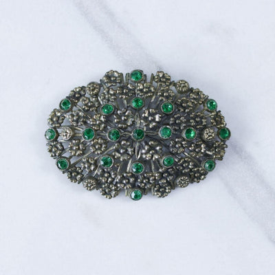 Vintage Large Green Brass Pot Metal Brooch with Embossed Floral Design and Green Rhinestone Accents by Unsigned Beauty - Vintage Meet Modern Vintage Jewelry - Chicago, Illinois - #oldhollywoodglamour #vintagemeetmodern #designervintage #jewelrybox #antiquejewelry #vintagejewelry