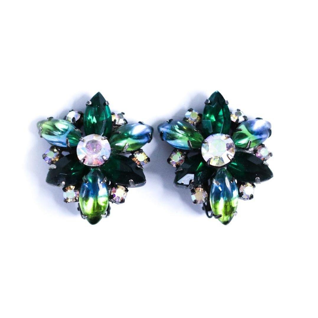 Vintage Blue Green Peacock Colored Rhinestone Statement Earrings