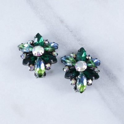 Vintage Blue Green Peacock Colored Rhinestone Statement Earrings by Unsigned Beauty - Vintage Meet Modern Vintage Jewelry - Chicago, Illinois - #oldhollywoodglamour #vintagemeetmodern #designervintage #jewelrybox #antiquejewelry #vintagejewelry