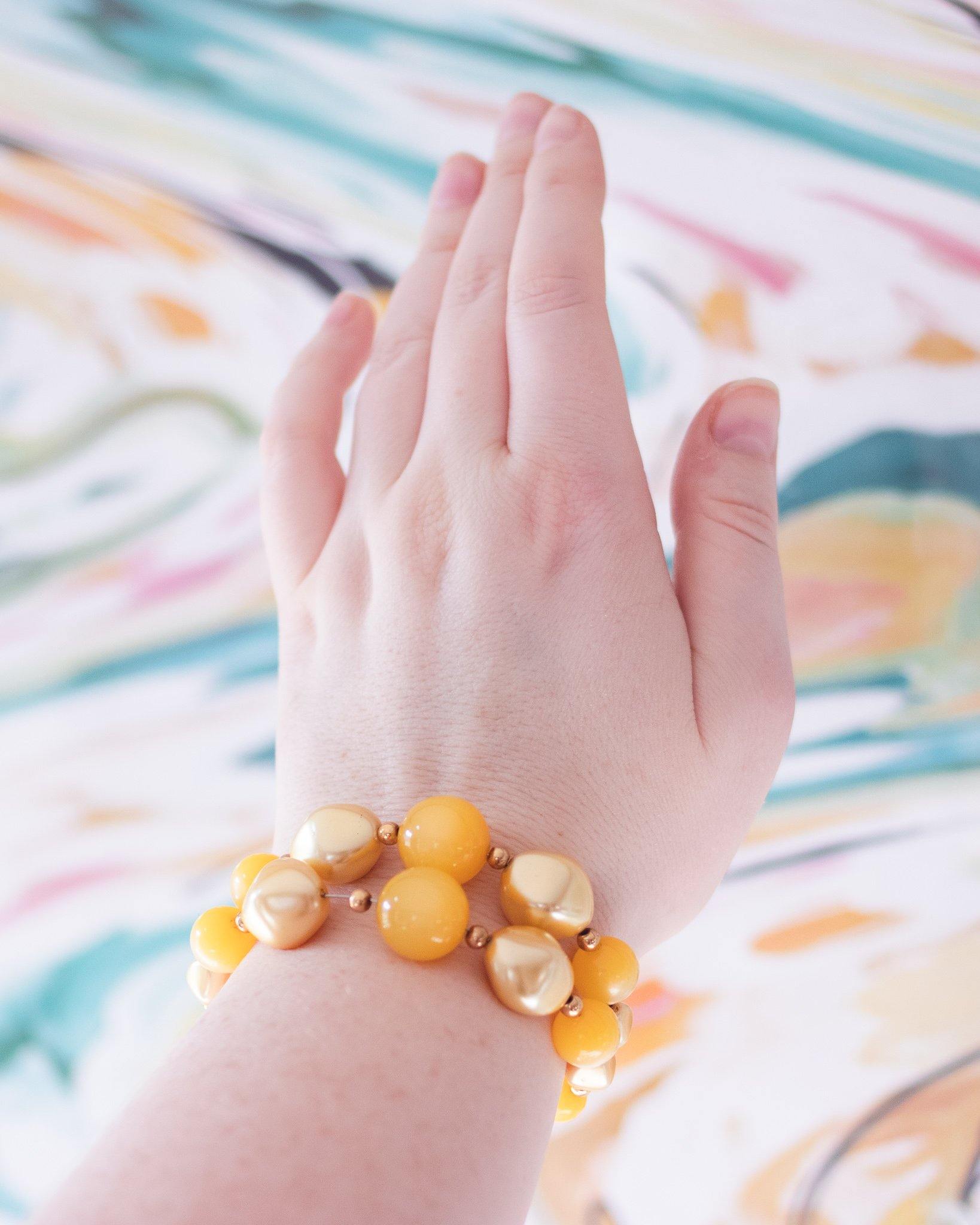 Vintage Yellow and Gold Moonglow Double Strand Expansion Bracelet by Unsigned Beauty - Vintage Meet Modern Vintage Jewelry - Chicago, Illinois - #oldhollywoodglamour #vintagemeetmodern #designervintage #jewelrybox #antiquejewelry #vintagejewelry