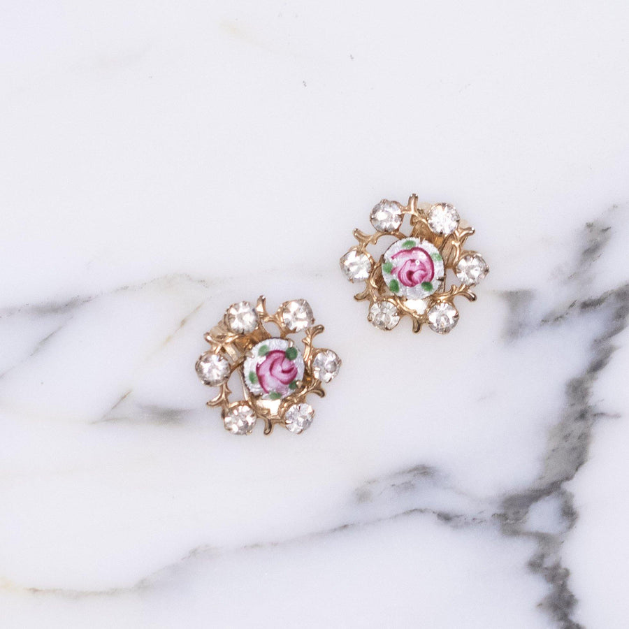 Vintage Guilloche Pink Rose Earrings with Rhinestones by Unsigned Beauty - Vintage Meet Modern Vintage Jewelry - Chicago, Illinois - #oldhollywoodglamour #vintagemeetmodern #designervintage #jewelrybox #antiquejewelry #vintagejewelry