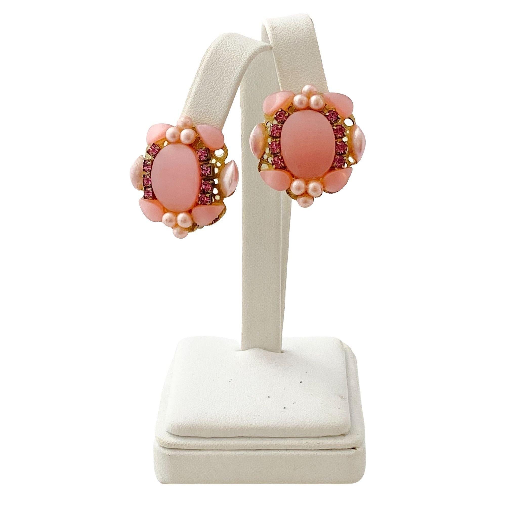 Vintage Pink Lucite and Rhinestone Earrings by Unsigned Beauty - Vintage Meet Modern Vintage Jewelry - Chicago, Illinois - #oldhollywoodglamour #vintagemeetmodern #designervintage #jewelrybox #antiquejewelry #vintagejewelry