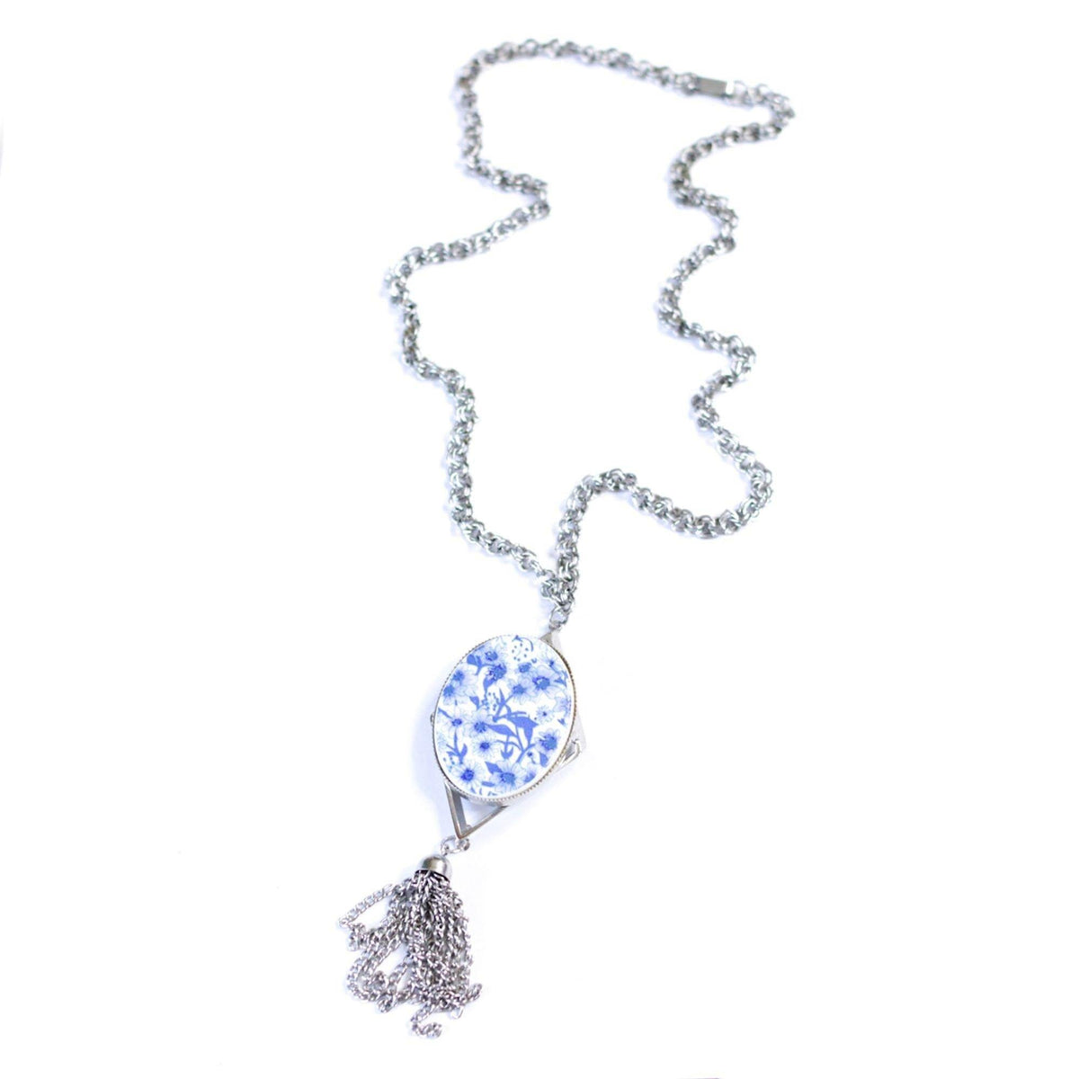 Vintage Blue and White Flower Pendant Necklace with Silver Tassel