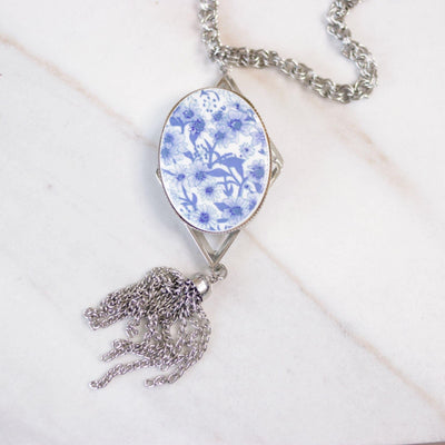 Vintage Blue and White Flower Pendant Necklace with Silver Tassel by Unsigned Beauty - Vintage Meet Modern Vintage Jewelry - Chicago, Illinois - #oldhollywoodglamour #vintagemeetmodern #designervintage #jewelrybox #antiquejewelry #vintagejewelry