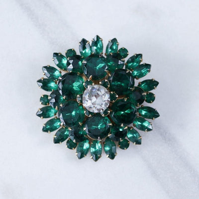 Vintage Green Rhinestone Brooch by Unsigned Beauty - Vintage Meet Modern Vintage Jewelry - Chicago, Illinois - #oldhollywoodglamour #vintagemeetmodern #designervintage #jewelrybox #antiquejewelry #vintagejewelry