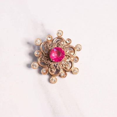 Vintage 1940s Pink Flower Pressed Metal Pink Rhinestone Brooch by Unsigned Beauty - Vintage Meet Modern Vintage Jewelry - Chicago, Illinois - #oldhollywoodglamour #vintagemeetmodern #designervintage #jewelrybox #antiquejewelry #vintagejewelry