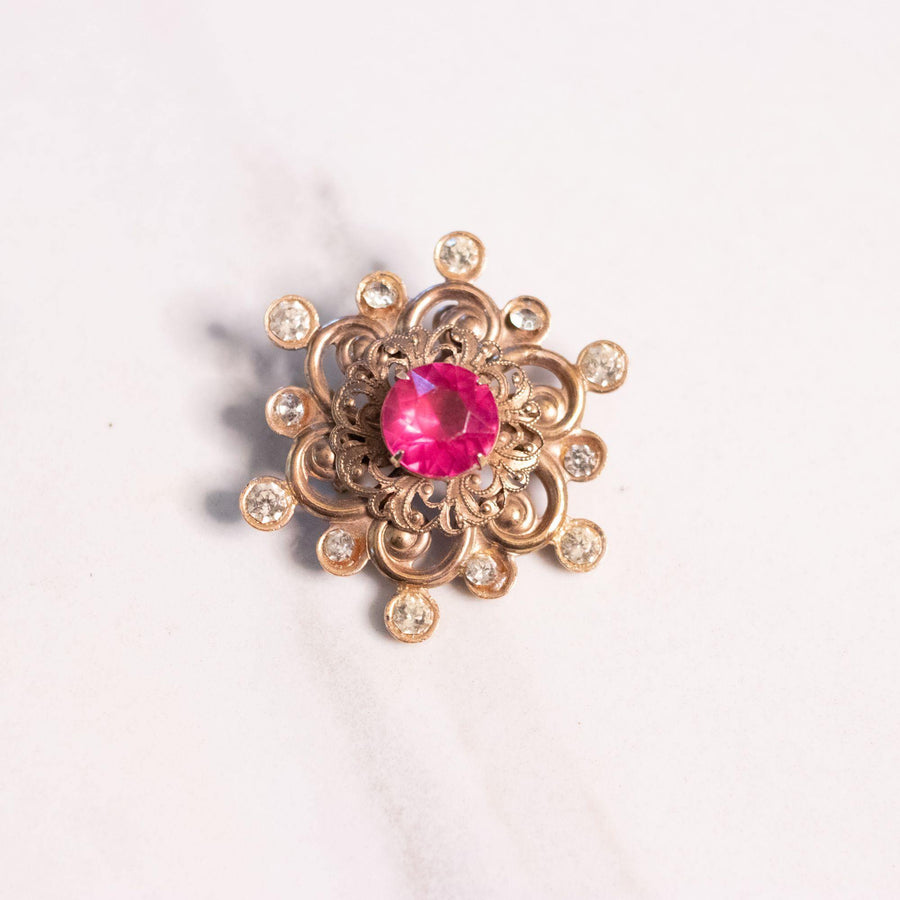 Vintage 1940s Pink Flower Pressed Metal Pink Rhinestone Brooch by Unsigned Beauty - Vintage Meet Modern Vintage Jewelry - Chicago, Illinois - #oldhollywoodglamour #vintagemeetmodern #designervintage #jewelrybox #antiquejewelry #vintagejewelry