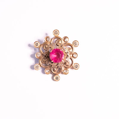 Vintage 1940s Pink Flower Pressed Metal Pink Rhinestone Brooch by Unsigned Beauty - Vintage Meet Modern Vintage Jewelry - Chicago, Illinois - #oldhollywoodglamour #vintagemeetmodern #designervintage #jewelrybox #antiquejewelry #vintagejewelry