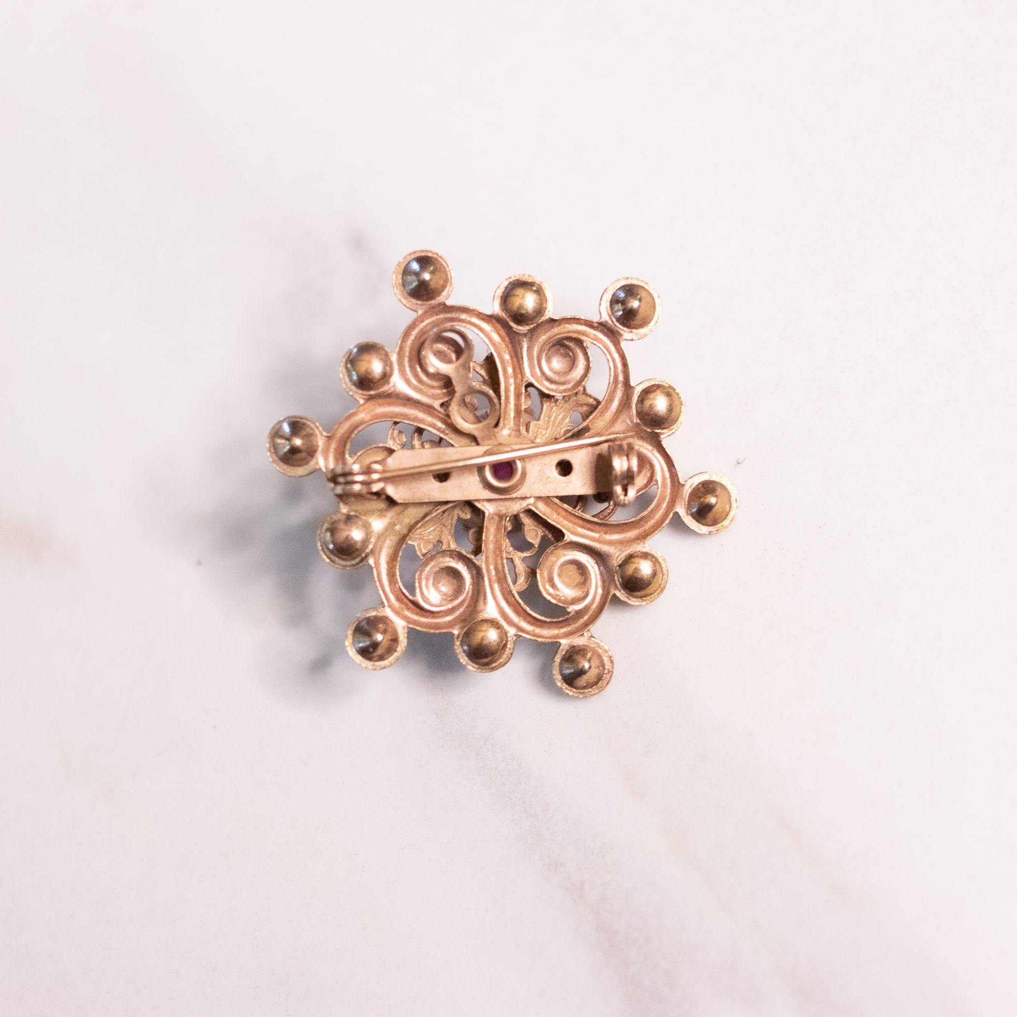 Vintage 1940s Pink Flower Pressed Metal Pink Rhinestone Brooch by Unsigned Beauty - Vintage Meet Modern Vintage Jewelry - Chicago, Illinois - #oldhollywoodglamour #vintagemeetmodern #designervintage #jewelrybox #antiquejewelry #vintagejewelry