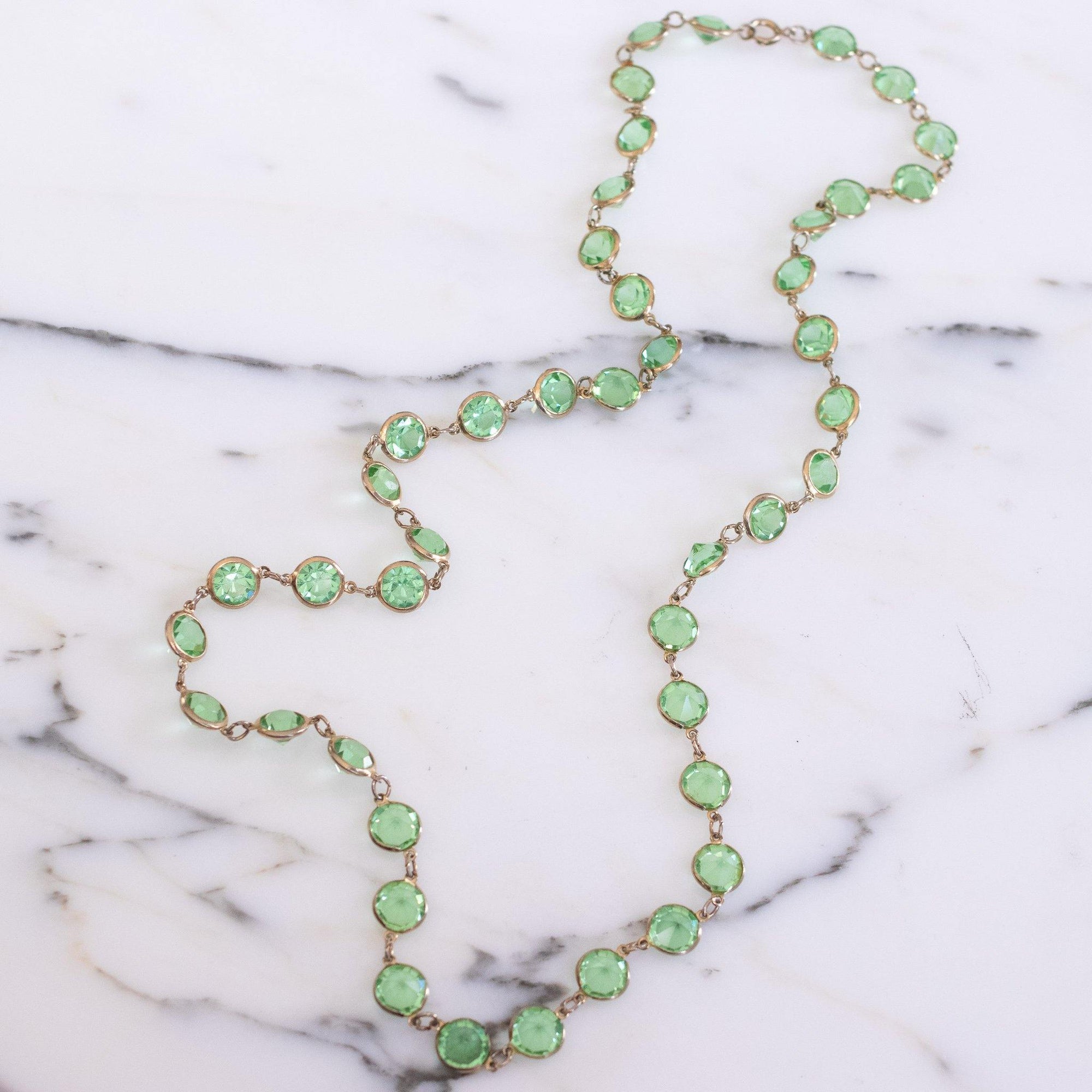 Vintage Art Deco Style Bezel Set Light Green Crystal Necklace by Austria - Vintage Meet Modern Vintage Jewelry - Chicago, Illinois - #oldhollywoodglamour #vintagemeetmodern #designervintage #jewelrybox #antiquejewelry #vintagejewelry