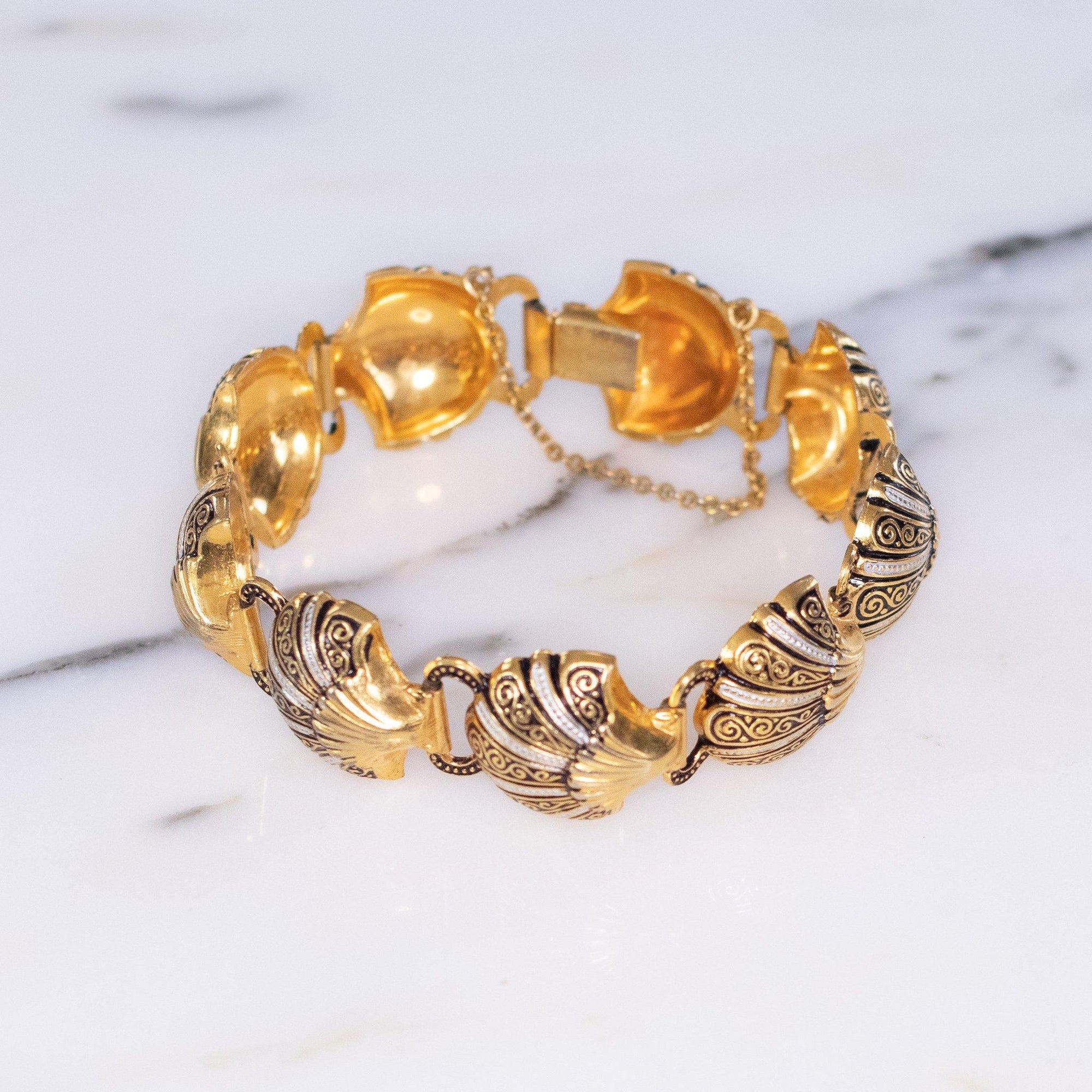Vintage Damascene Gold, Silver, Black Shell Shape Link Bracelet by Made In Spain - Vintage Meet Modern Vintage Jewelry - Chicago, Illinois - #oldhollywoodglamour #vintagemeetmodern #designervintage #jewelrybox #antiquejewelry #vintagejewelry
