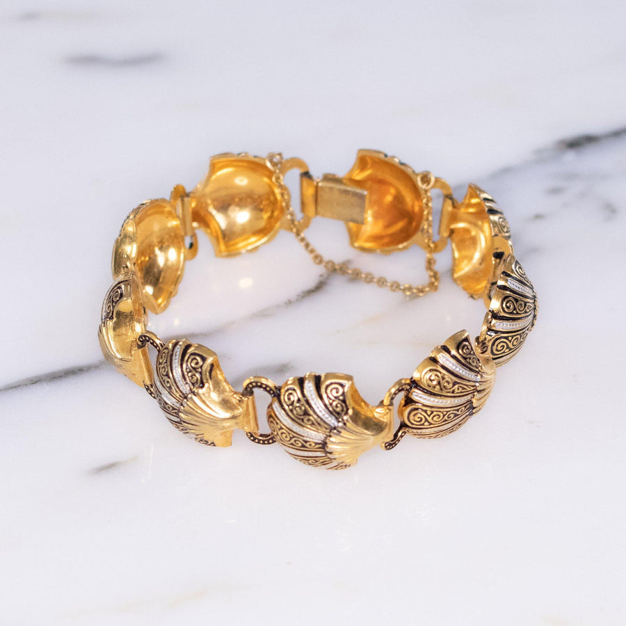 Vintage Damascene Gold, Silver, Black Shell Shape Link Bracelet by Made In Spain - Vintage Meet Modern Vintage Jewelry - Chicago, Illinois - #oldhollywoodglamour #vintagemeetmodern #designervintage #jewelrybox #antiquejewelry #vintagejewelry