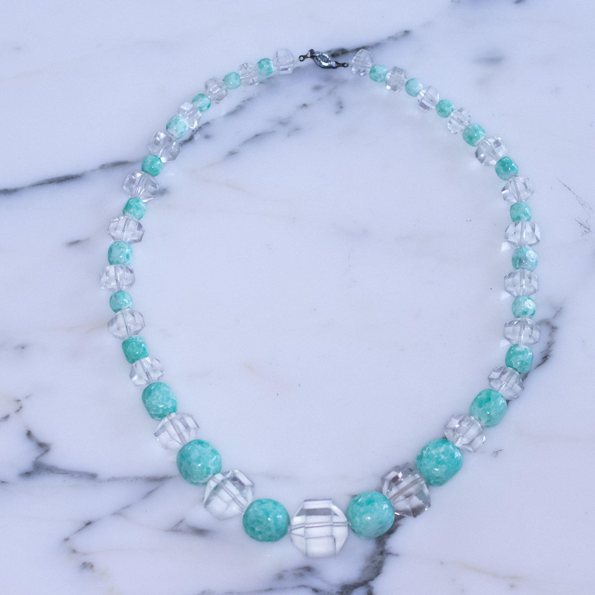 Vintage Art Deco Cut Crystal and Light Green Speckled Glass Bead Necklace