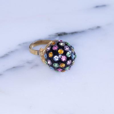 Vintage Black Lucite with Multicolor Rhinestone Ring by Unsigned - Vintage Meet Modern Vintage Jewelry - Chicago, Illinois - #oldhollywoodglamour #vintagemeetmodern #designervintage #jewelrybox #antiquejewelry #vintagejewelry