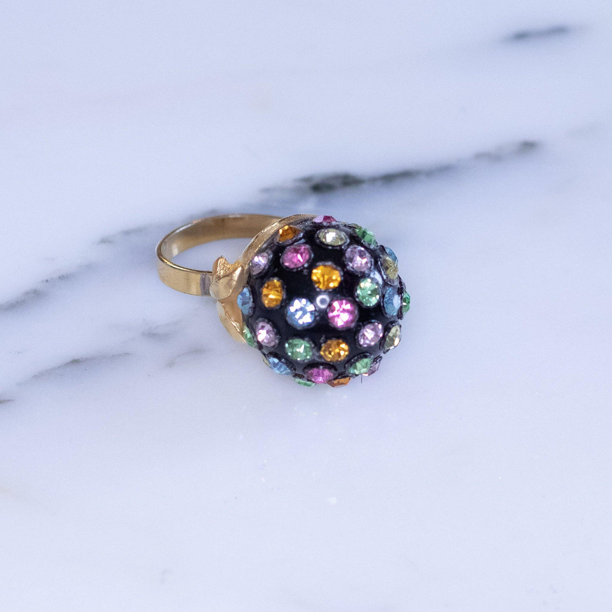 Vintage Black Lucite with Multicolor Rhinestone Ring