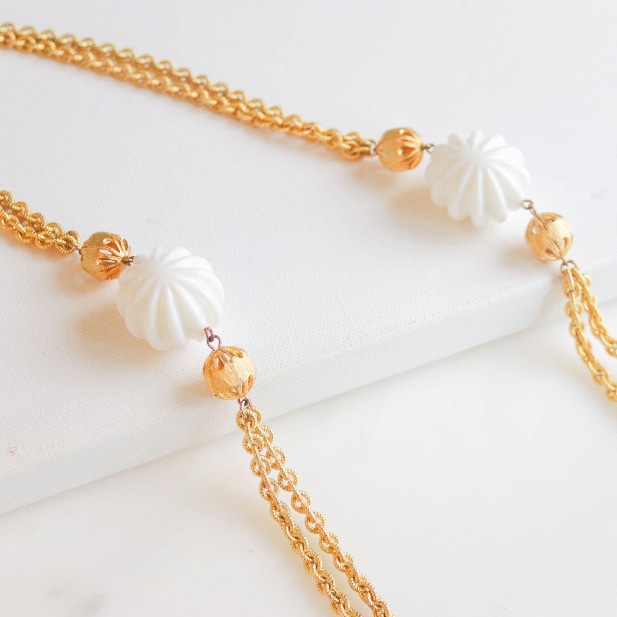 Vintage 1960s Gold Necklace with White Beads by Unsigned Beauty - Vintage Meet Modern Vintage Jewelry - Chicago, Illinois - #oldhollywoodglamour #vintagemeetmodern #designervintage #jewelrybox #antiquejewelry #vintagejewelry