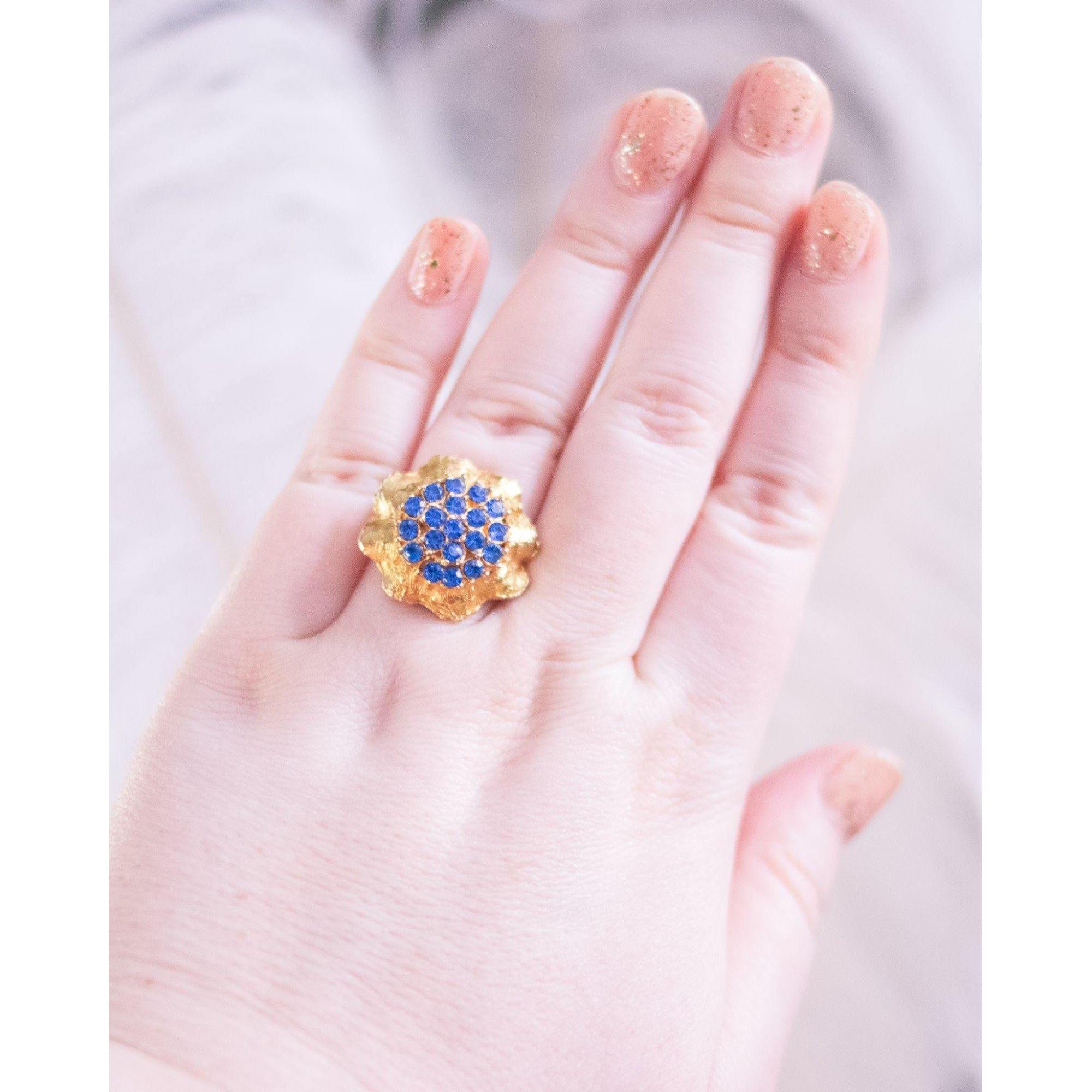 Blue Rhinestones Cluster Cocktail Ring by Unsigned Beauty - Vintage Meet Modern Vintage Jewelry - Chicago, Illinois - #oldhollywoodglamour #vintagemeetmodern #designervintage #jewelrybox #antiquejewelry #vintagejewelry