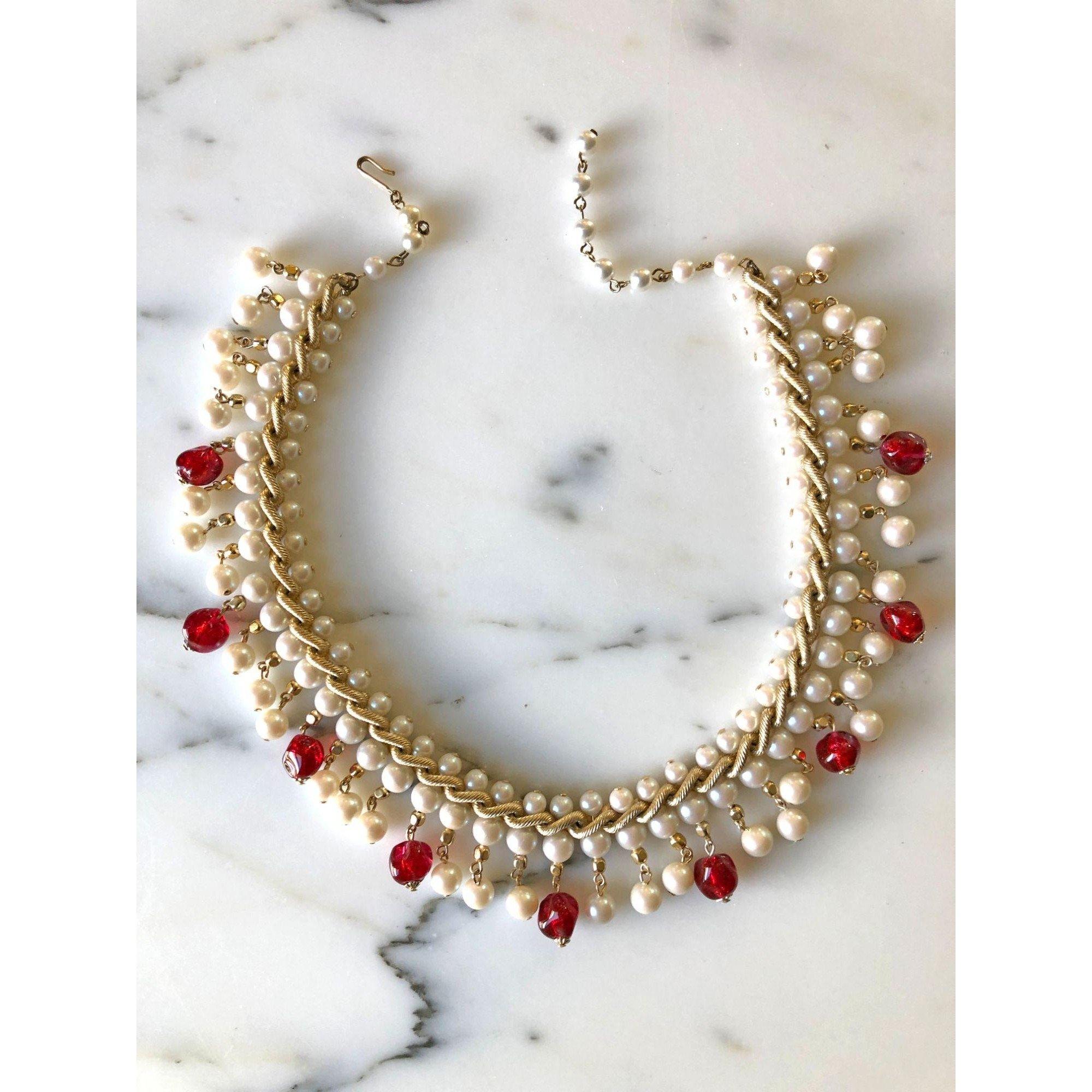 Vintage Red Glass Bead and Faux Pearl Bib Necklace by Unsigned Beauty - Vintage Meet Modern Vintage Jewelry - Chicago, Illinois - #oldhollywoodglamour #vintagemeetmodern #designervintage #jewelrybox #antiquejewelry #vintagejewelry