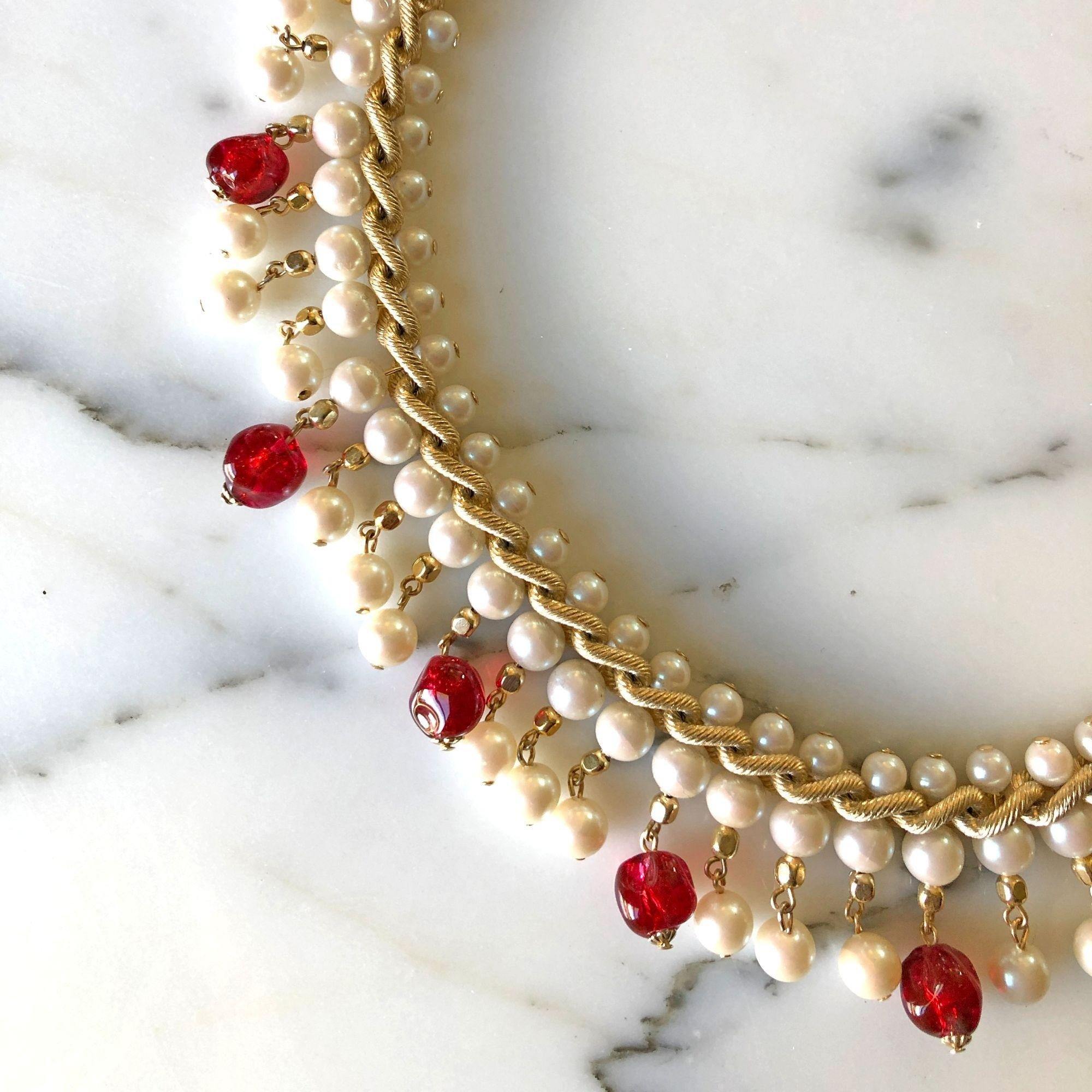 Vintage Red Glass Bead and Faux Pearl Bib Necklace by Unsigned Beauty - Vintage Meet Modern Vintage Jewelry - Chicago, Illinois - #oldhollywoodglamour #vintagemeetmodern #designervintage #jewelrybox #antiquejewelry #vintagejewelry