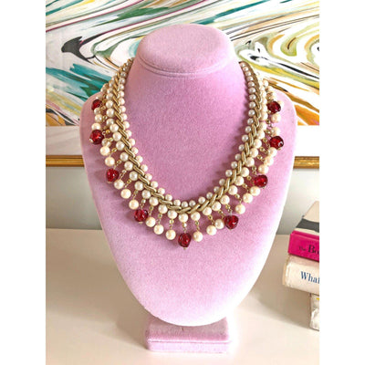 Vintage Red Glass Bead and Faux Pearl Bib Necklace by Unsigned Beauty - Vintage Meet Modern Vintage Jewelry - Chicago, Illinois - #oldhollywoodglamour #vintagemeetmodern #designervintage #jewelrybox #antiquejewelry #vintagejewelry