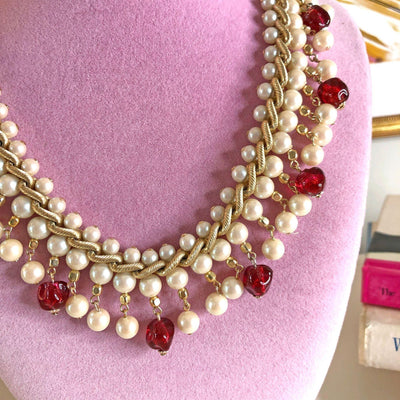 Vintage Red Glass Bead and Faux Pearl Bib Necklace by Unsigned Beauty - Vintage Meet Modern Vintage Jewelry - Chicago, Illinois - #oldhollywoodglamour #vintagemeetmodern #designervintage #jewelrybox #antiquejewelry #vintagejewelry