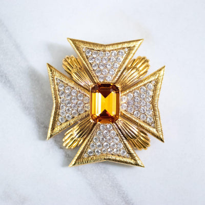 Vintage Joan Rivers Large Maltese Cross Brooch with Citrine Center and Diamante Rhinestones by Joan Rivers - Vintage Meet Modern Vintage Jewelry - Chicago, Illinois - #oldhollywoodglamour #vintagemeetmodern #designervintage #jewelrybox #antiquejewelry #vintagejewelry