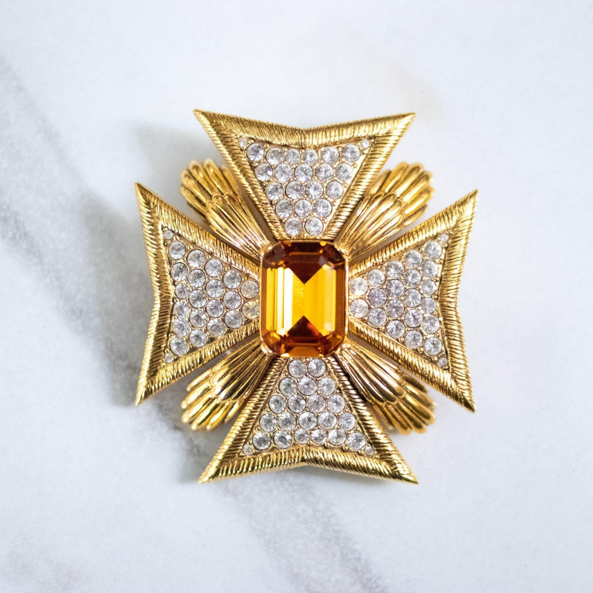 Vintage Joan Rivers Large Maltese Cross Brooch with Citrine Center and Diamante Rhinestones