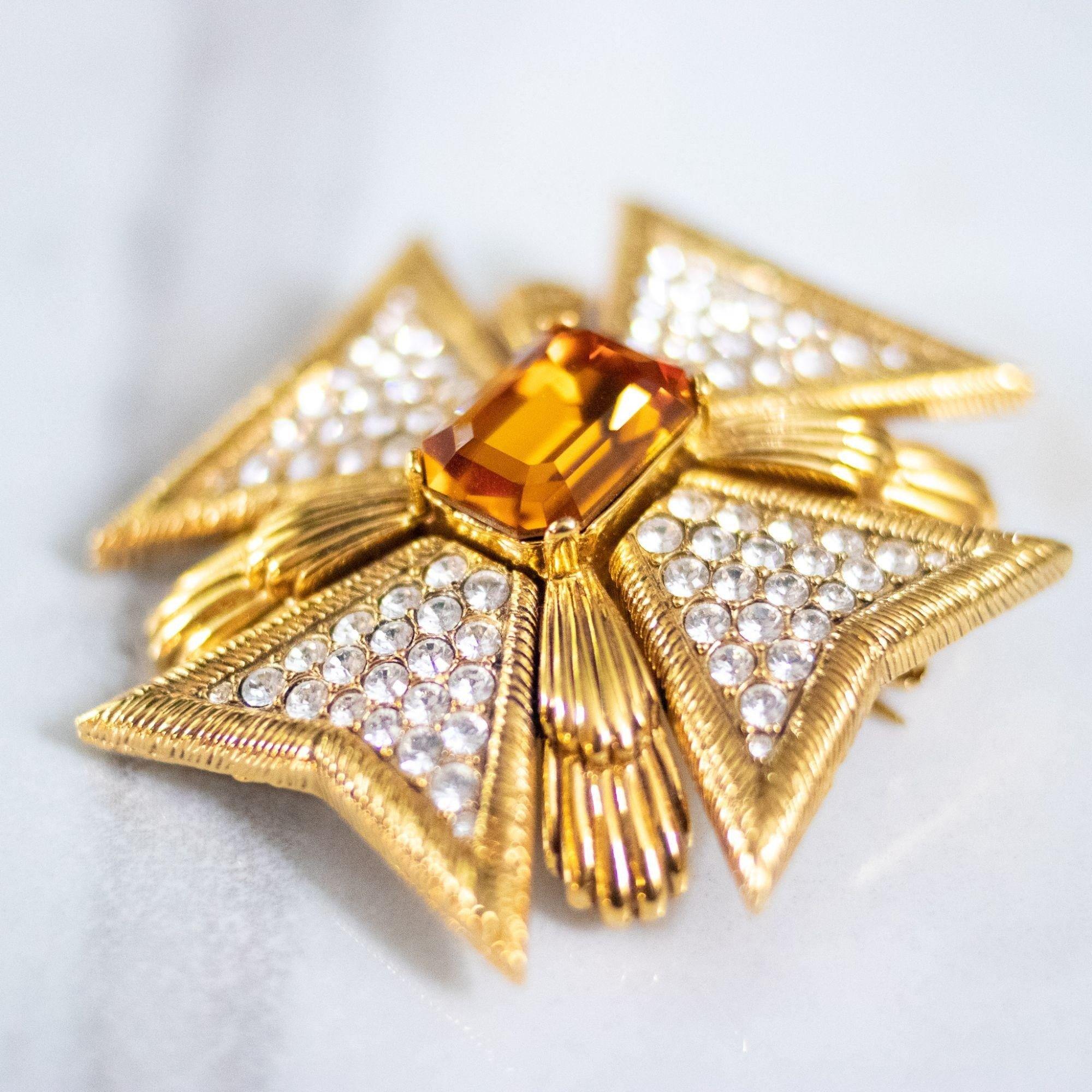 Vintage Joan Rivers Large Maltese Cross Brooch with Citrine Center and Diamante Rhinestones by Joan Rivers - Vintage Meet Modern Vintage Jewelry - Chicago, Illinois - #oldhollywoodglamour #vintagemeetmodern #designervintage #jewelrybox #antiquejewelry #vintagejewelry